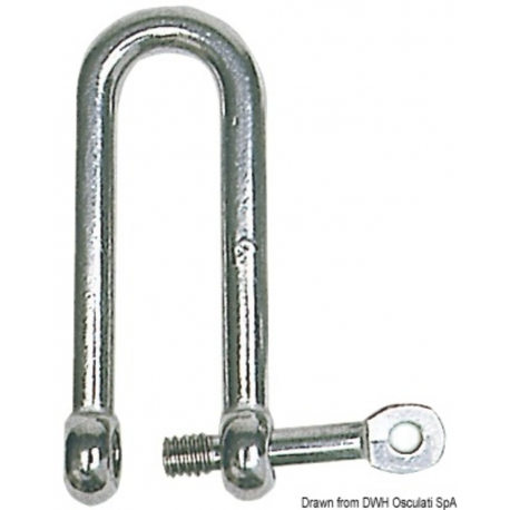 Long shackle in forged and mirror polished AISI 316 stainless steel, with captive shaft