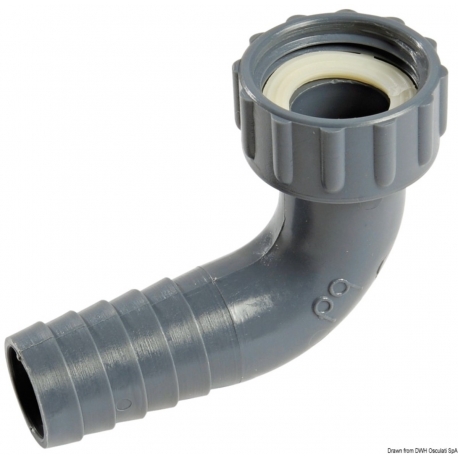 Hose connector 90° in polypropylene, with swivel connection and gasket