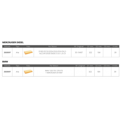 Air filter mercruiser bmw ref.or.3519487