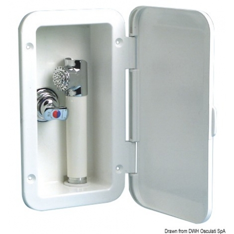 Shower cubicle with Mizar push-button shower and mixer tap