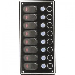 Vanntett elektrisk panel i svart aluminium med vippebrytere med LED-lys og 15 A vanntette sikringsbrytere