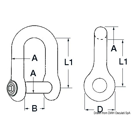 Shackle with recessed pin for anchors, Allen cut