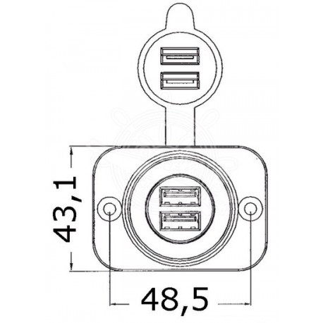 Watertight double USB socket with recessed panel